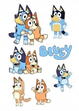 Bluey i Bingo - niebieski i pomarańczowy piesek w zabawnej pozycji