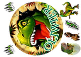 Dinosaur-themed game interface with a roaring green T-Rex head in center surrounded by small creature icons and Dino Mawnz text
