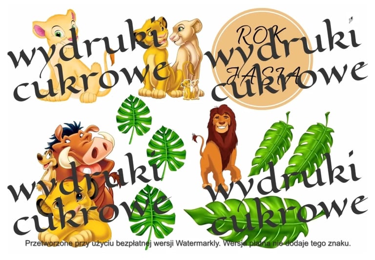 Lion King characters with Polish text overlays and tropical leaves, featuring Simba, Nala, and Zazu among monstera plants