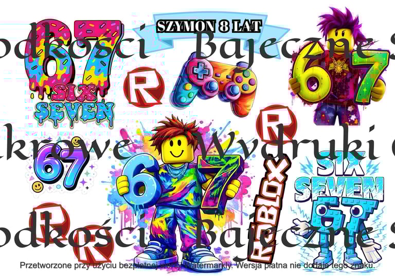 Kolorowa grafika w stylu retro graffiti z cyframi i kreskówkowymi postaciami w jaskrawych kolorach różowym, żółtym, niebieskim i fioletowym