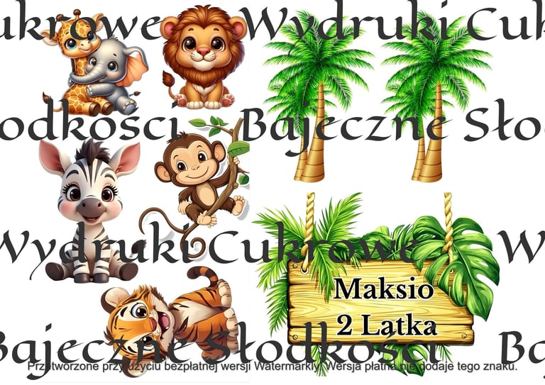 Grafika w stylu dżungli z cartoon zwierzętami w tym lwem, małpą, zebrą, żyrafą i tygrysem, drzewami palmowymi oraz drewnianą tabliczką Maksio 2 Latka