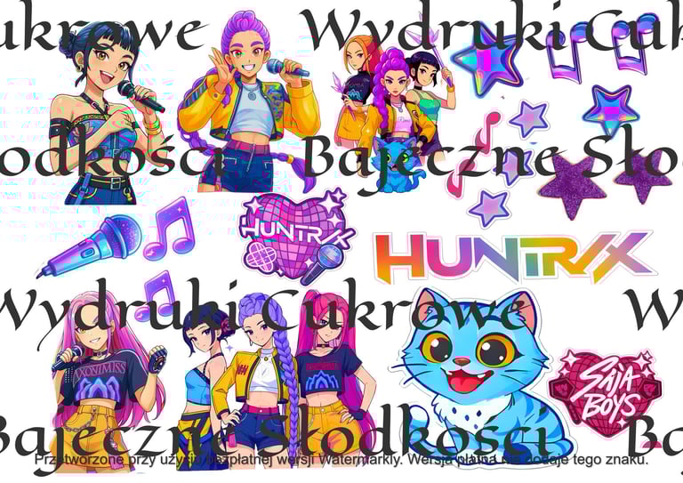 Kolorowa kolaż z animowanymi postaciami w żywych strojach z fioletowymi gwiazdami i nutami muzycznymi oraz słowem HUNTIK