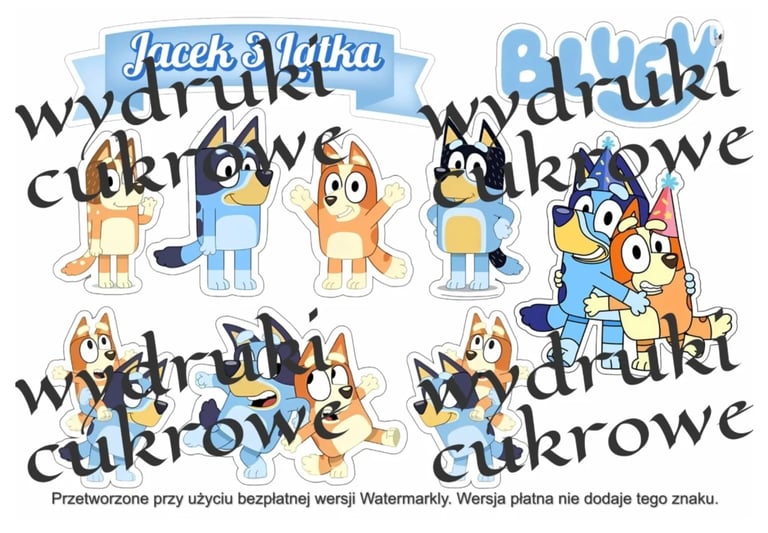 Bluey cartoon characters from childrens show arranged in rows with watermark overlay and Polish text